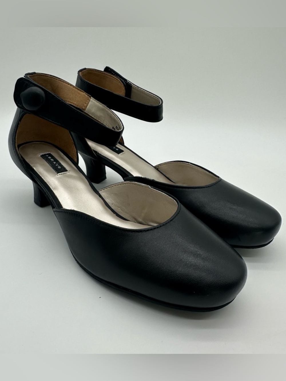 Array Charlie Black Leather Ankle-Strap Kitten Heels